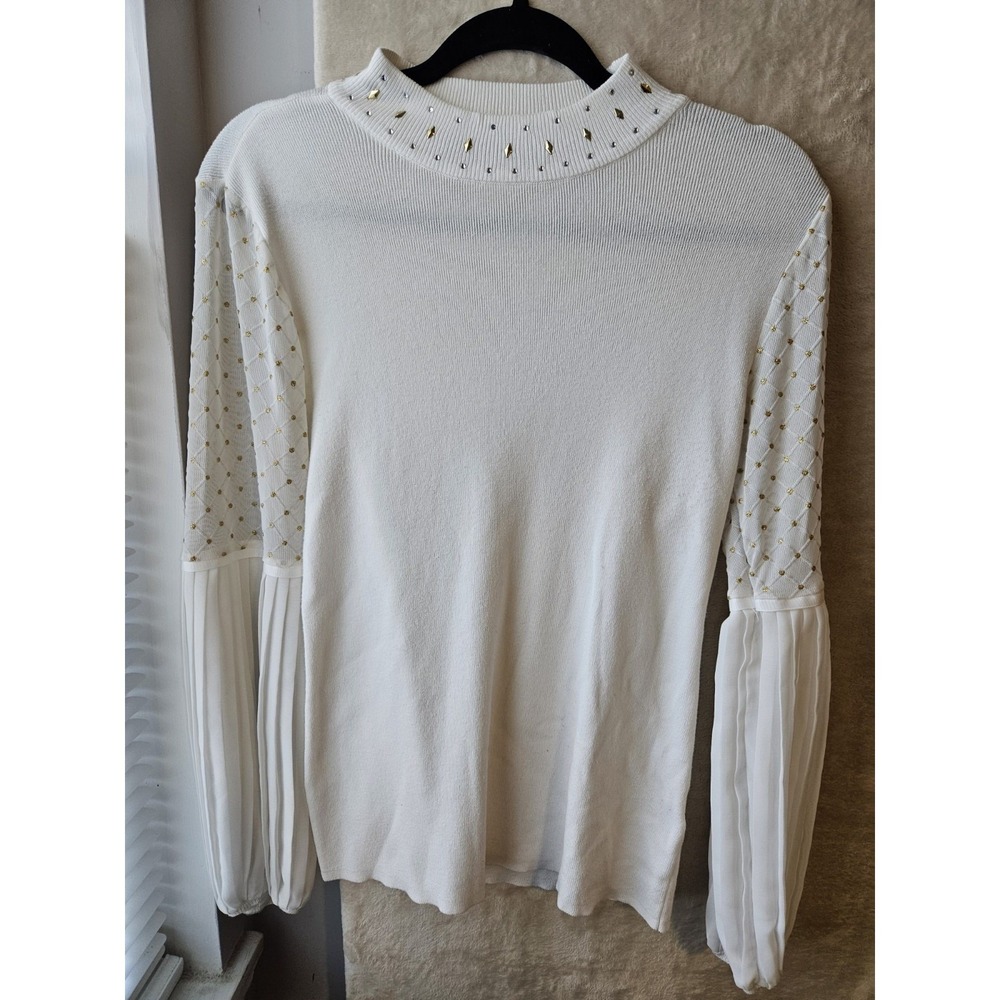 Belladini Ivory Embellished Mock Neck Blouse Womens M Sheer Mesh Pleated‎ Sleeve